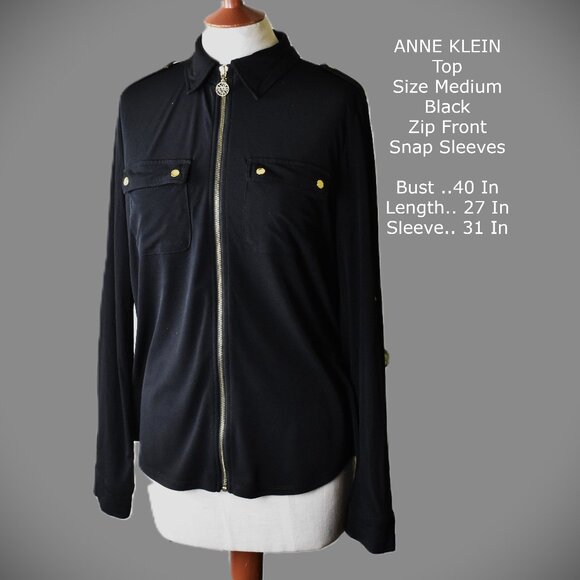 ANNE KLEIN Top Blouse M Black Zip Front Snap Sleeves Front Pockets BIN 3 - Picture 1 of 6